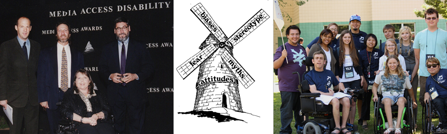 Image montage of (from left to right): Friend Incorporated's Board of Directors with pose with a movie star and film director; the Windmills Training Program logo; and Youth Leadership Forum delegates and alumni staff.